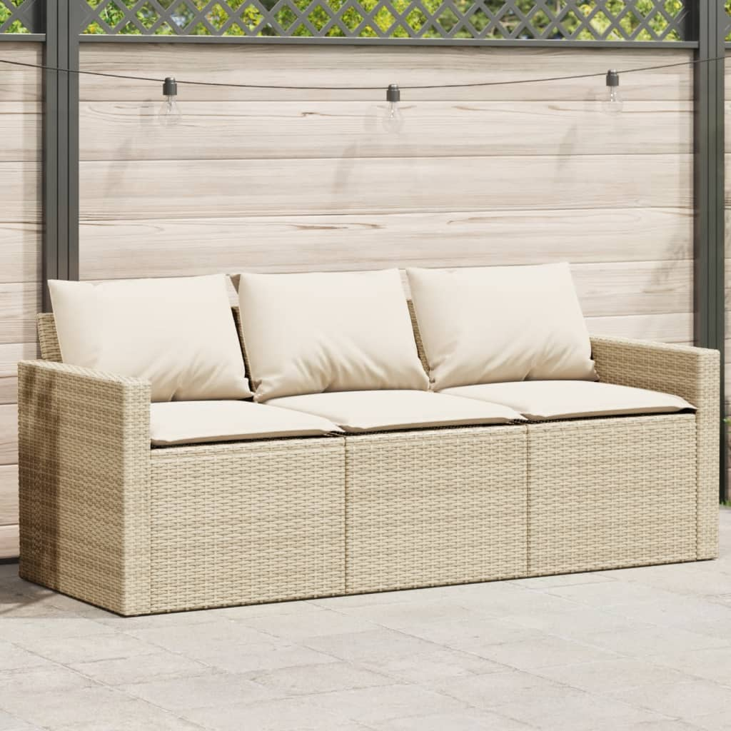 Garden Sofa with Cushions 3-Seater Beige Poly Rattan - Comfortable Outdoor Furniture