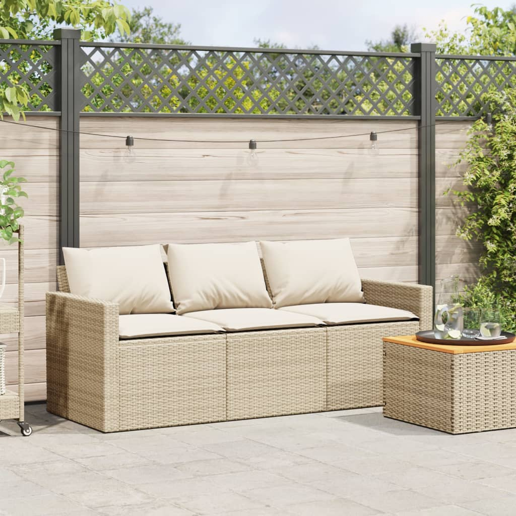 Garden Sofa with Cushions 3-Seater Beige Poly Rattan - Comfortable Outdoor Furniture