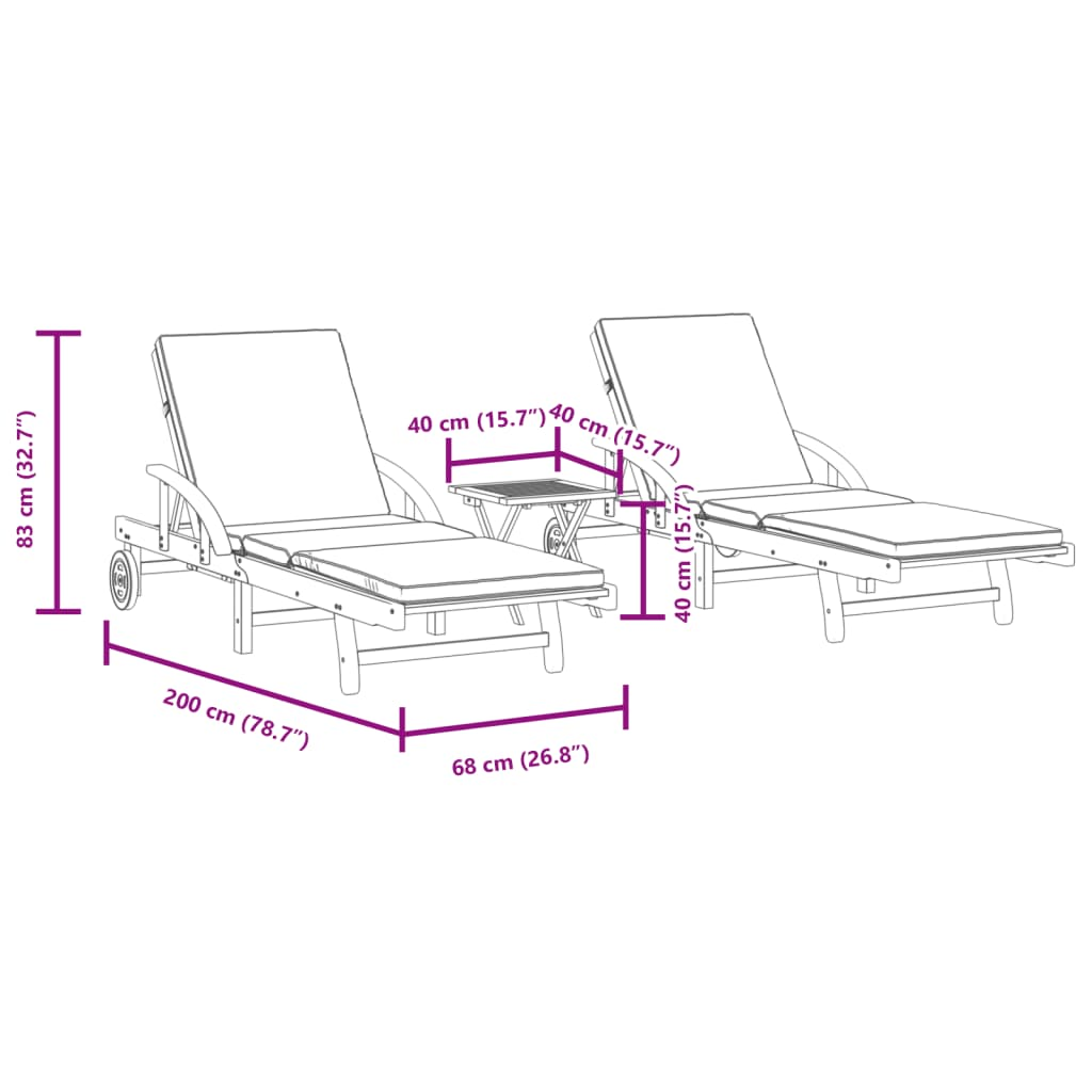 Sun Loungers 2 pcs with Table, Solid Wood Acacia - Outdoor Furniture Set