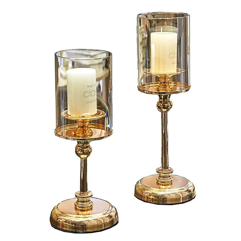 Golden Glass Candle Holders Pillar - Elegant and Reflective Home Decor