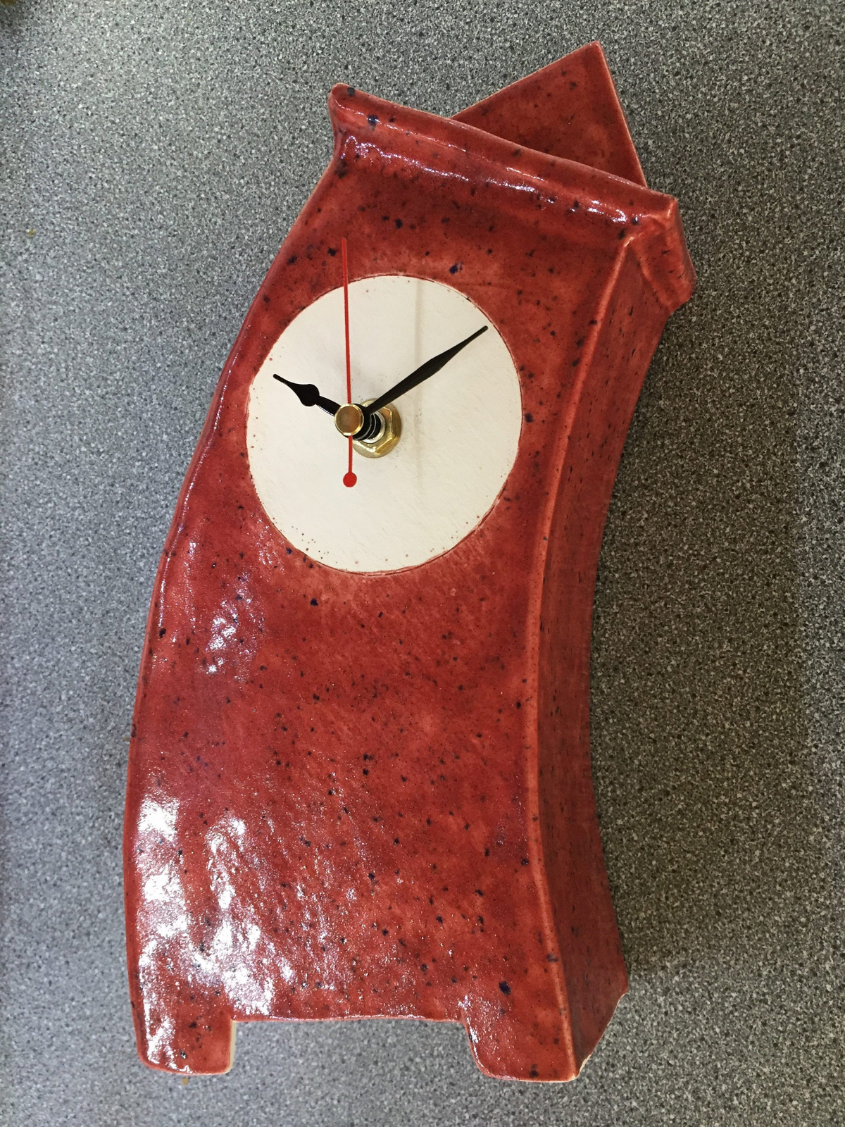 Unique Wonky Ceramic Clock for Desk, Shelf, Mantel, and Table - Speckled Red Glaze