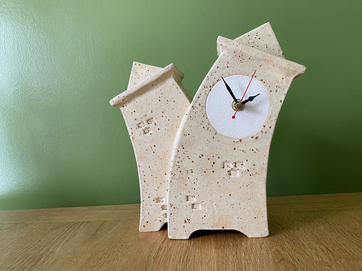 Double Ceramic Mantel Clock - Oatmeal Glaze | Handcrafted Design