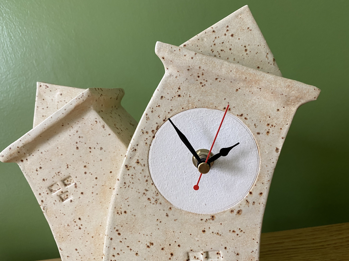 Double Ceramic Mantel Clock - Oatmeal Glaze | Handcrafted Design