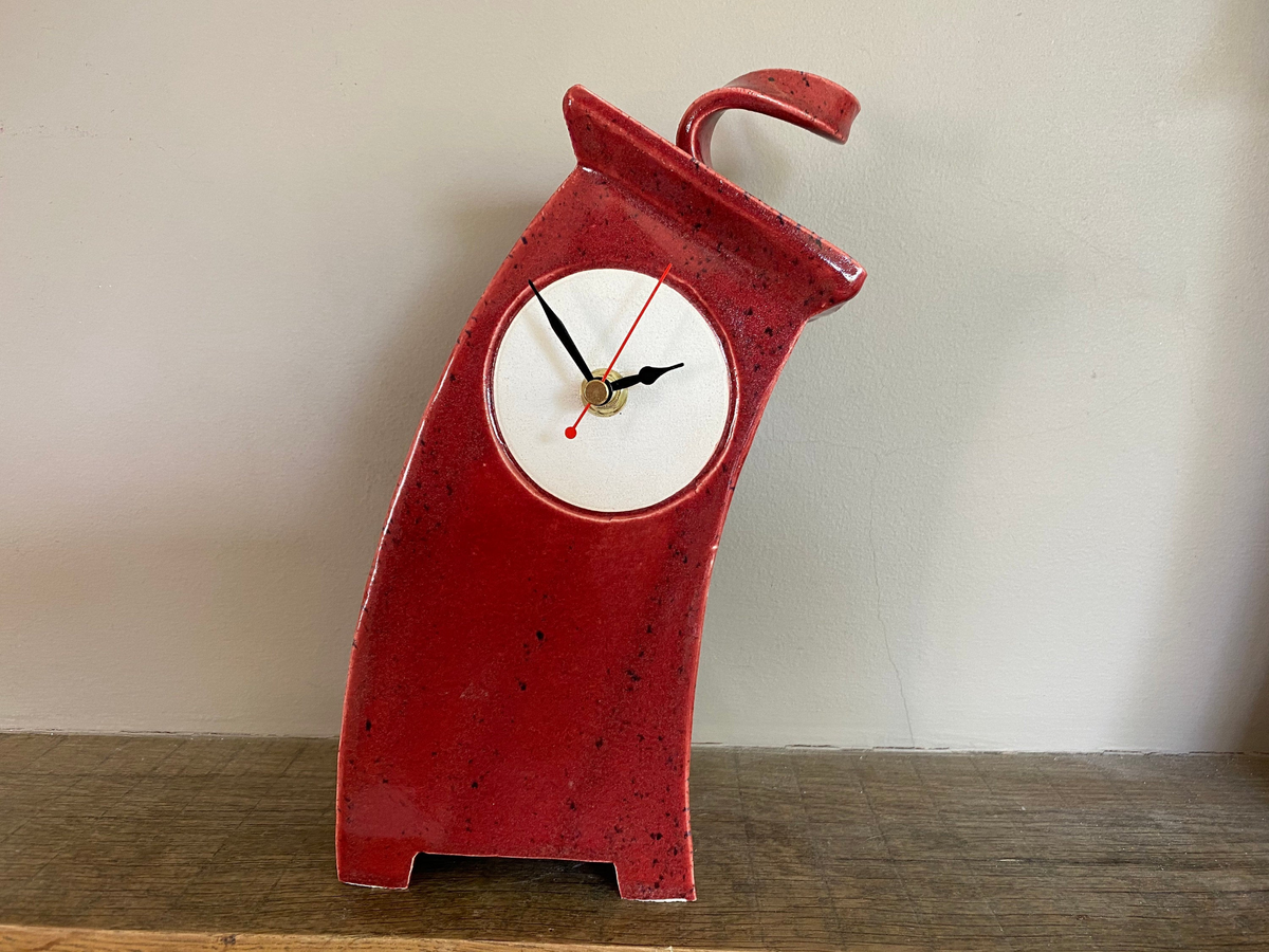 Wonky Ceramic Clock for Desk, Shelf, Mantel, Table - Speckled Red Glaze Curly Top