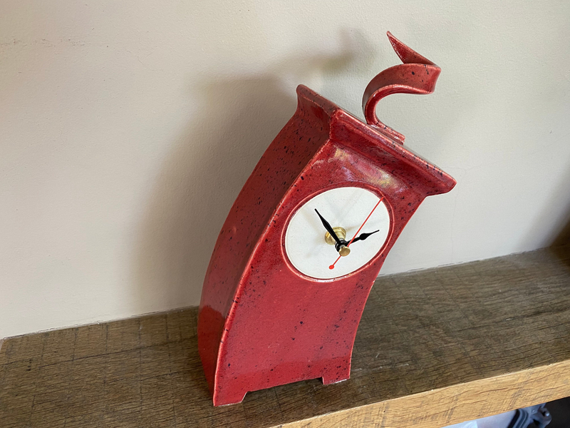 Wonky Ceramic Clock for Desk, Shelf, Mantel, Table - Speckled Red Glaze Curly Top