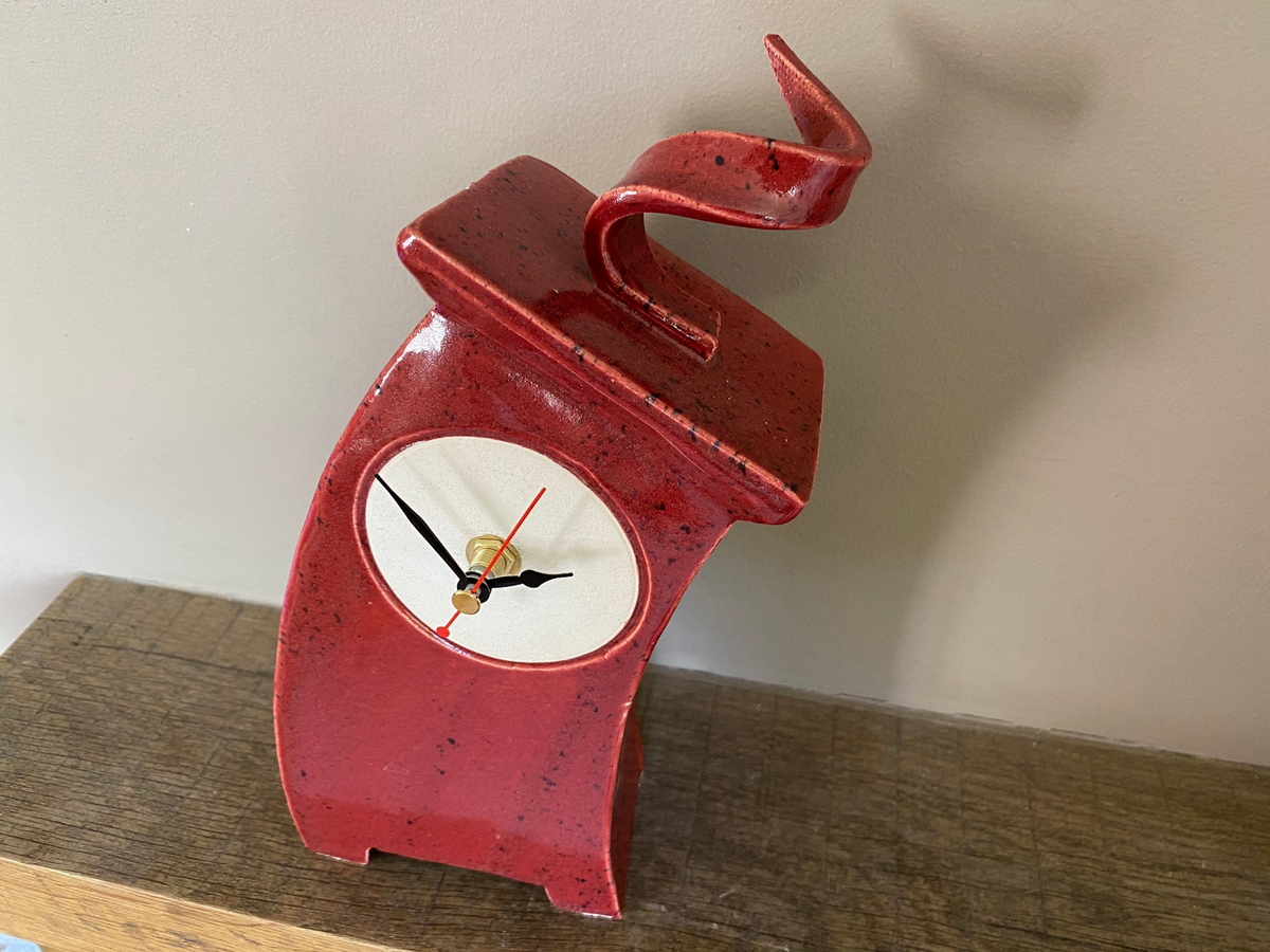 Wonky Ceramic Clock for Desk, Shelf, Mantel, Table - Speckled Red Glaze Curly Top