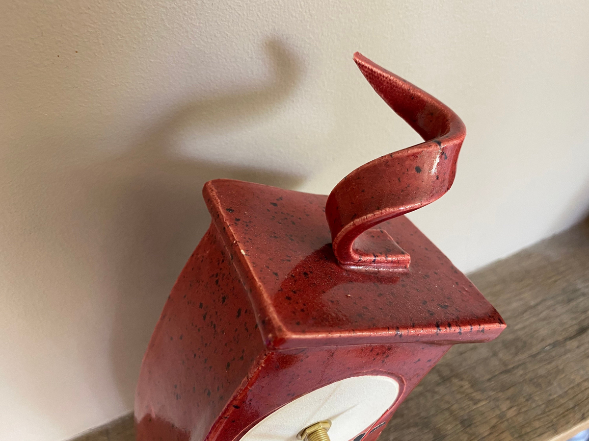 Wonky Ceramic Clock for Desk, Shelf, Mantel, Table - Speckled Red Glaze Curly Top