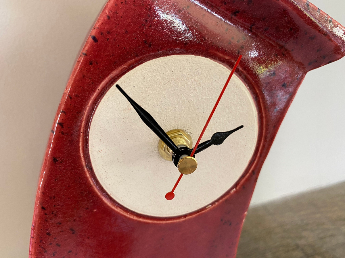 Wonky Ceramic Clock for Desk, Shelf, Mantel, Table - Speckled Red Glaze Curly Top