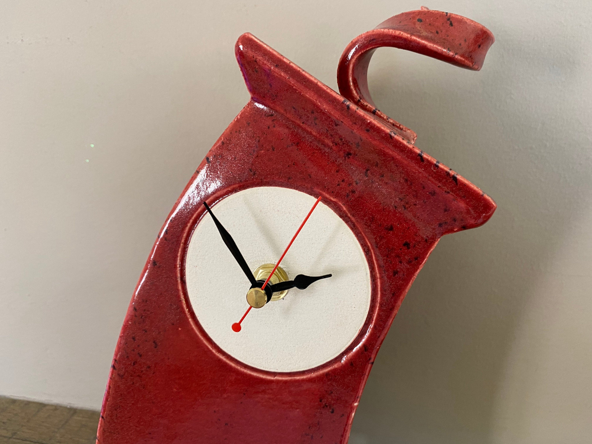 Wonky Ceramic Clock for Desk, Shelf, Mantel, Table - Speckled Red Glaze Curly Top