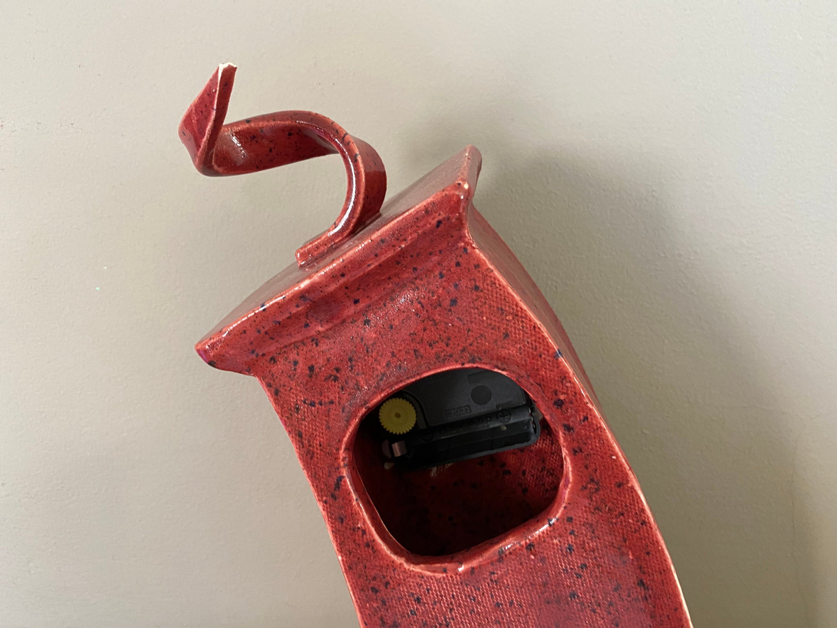 Wonky Ceramic Clock for Desk, Shelf, Mantel, Table - Speckled Red Glaze Curly Top