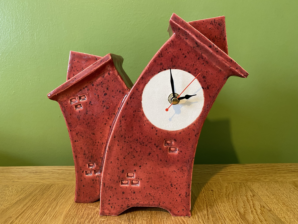 Double Ceramic Mantel Clock - Red Speckle Glaze | Handcrafted Design | Silent Sweep Movement