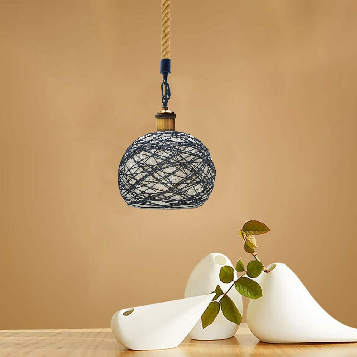 LEDSone Industrial Vintage Rope Rattan Woven Pendant Lamp Dome Pendant Light~1959