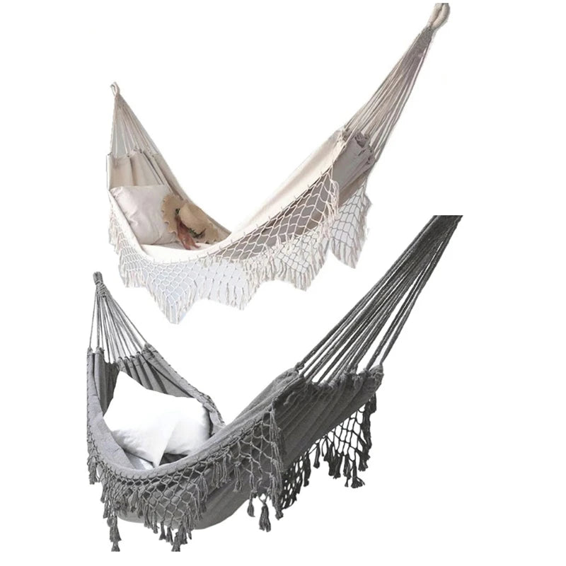 Bohemian Macrame Double Hammock Woven Fringe Tassels Canvas Large Hanging Swing Bed Chair for Beach Yard Bedroom Patio Porch