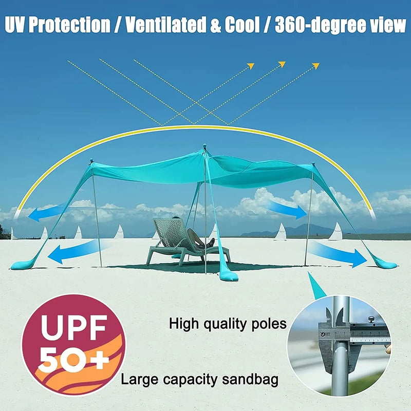 Family Beach Canopy ,Large Beach Sunshade Tent with Stability Poles,UPF50+Outdoor Shade for Beach,Camping,Party or Picnics